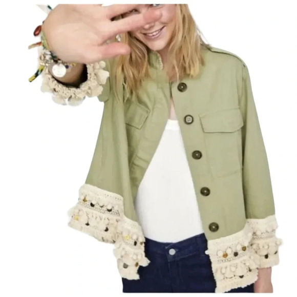 Zara Tassel Pom Crochet Fringe Boho Utility Jacket Green Size XS - Picture 14 of 15